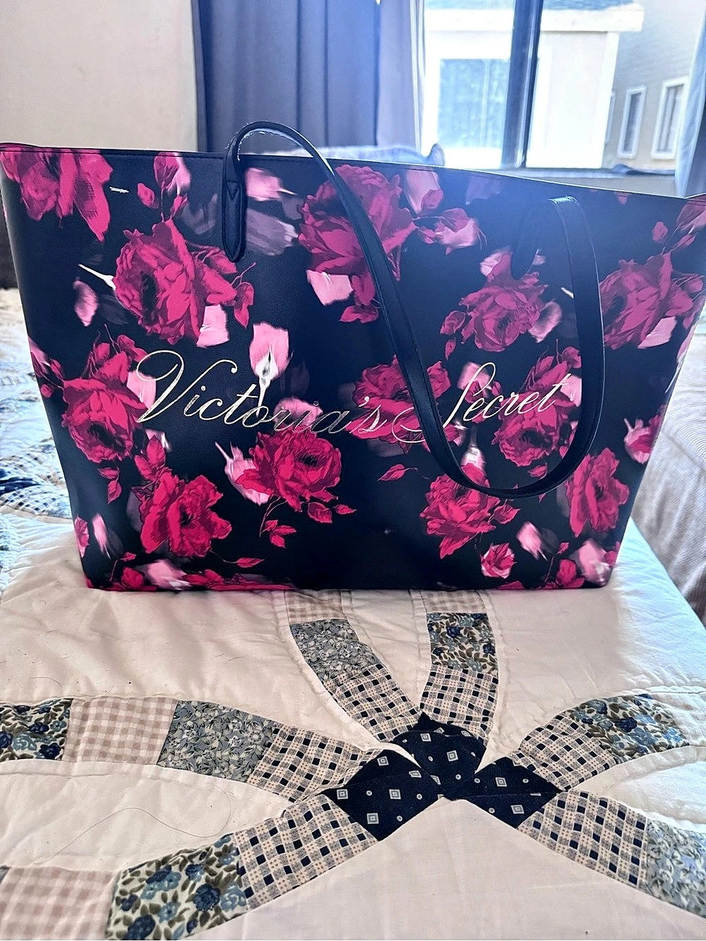 Victoria's Secret Black Rose Floral Reversible Tote Bag